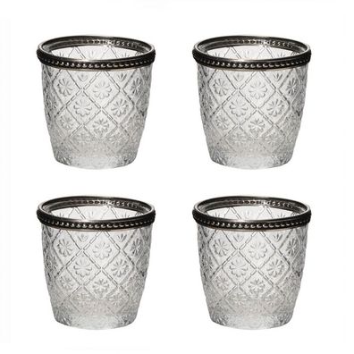 4tlg. Windlicht BLÜTE klar aus Reliefglas mit Metallrand Teelichthalter floral