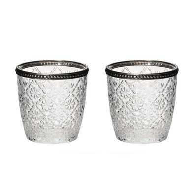 2tlg. Windlicht BLÜTE klar aus Reliefglas mit Metallrand Teelichthalter floral