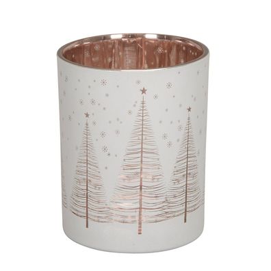 Windlicht Christmas TREE weiß rosa aus Glas mit Schneeflocken und Tannen H12,5cm