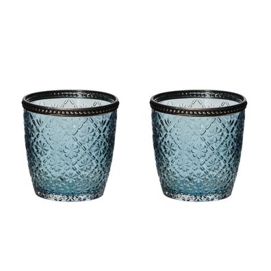 2tlg. Windlicht BLÜTE blau aus Reliefglas mit Metallrand Teelichthalter floral