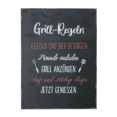 Metallschild GRILL-REGELN für die Grillecke Schild mit Schrift 30x40cm - Schwarz