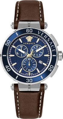 Versace VE3L00122 Greca Chrono silber blau braun Leder Armband Uhr Herren NEU