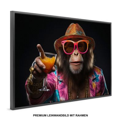 Tier Cooler Affe mit Gläsern und Cocktail , Wandbild , Leinwand-Bild mit Rahmen KUNST