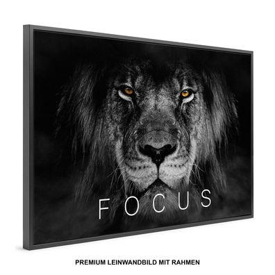 Löwe Tier mit Motivationstext FOCUS , Wandbild , Leinwand-Bild mit Rahmen KUNST DEKO