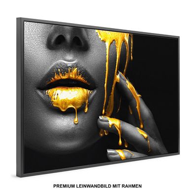 Frau mit goldenen Lippen, erotisch , Wandbild Leinwand-Bild mit Rahmen , DEKO KUNST