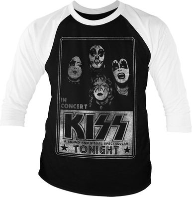 Kiss In Concert Distressed Poster Baseball 3/4 Sleeve Tee T-Shirt White-Black