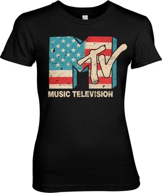 MTV Distressed USA-Flag Girly Tee Damen T-Shirt Black