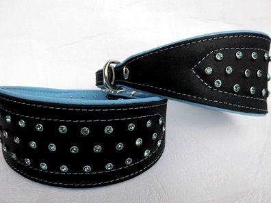Windhund Halsband, Halsumfang 44-51cm/73mm, Leder + Kristallen Blau (8-04-8-34)