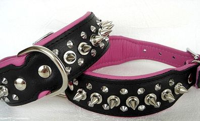 Hunde Halsband - Halsumfang 43-50cm/40mm, LEDER + Stacheln * Schwarz-Rosa*