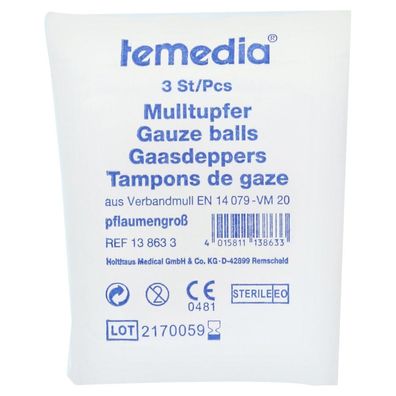 Temedia® Schlinggazetupfer, pflaume, 3 Stück ballform steril | Packung (3 Stück)