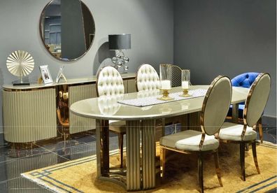 Luxus Esszimmer Essgruppe Essecke Esstisch Stühle Beige Set 9tlg Holz