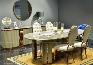 Essecke Luxus Esszimmer Essgruppe Esstisch Beige Set 7tlg Holz Stühle