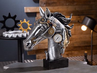 Gilde Skulptur "Steampunk Horse" antik silberfarben mit kupferfarbenen Elementen, ...