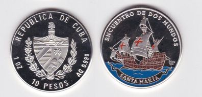 10 Pesos Silber Münze Kuba 2001 Santa Maria Encuentro de dos Mundos 1 Oz PP (153360)
