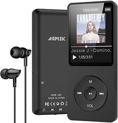 AGPTEK MP3 Player 16GB Verlustfrei MP3 1,8 Zoll Bildschirm FM Radio Schwarz