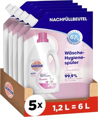Sagrotan Wäsche-Hygienespüler Sensitiv Nachfüller Desinfektionsspüler 5 x 1,2 l