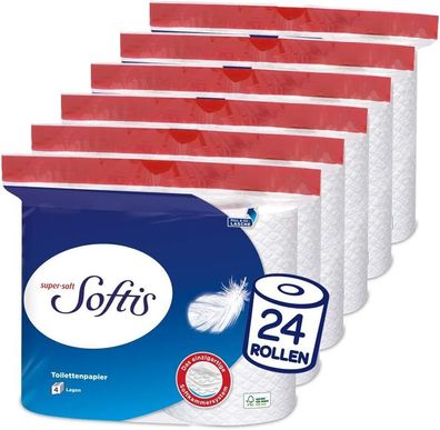 Softis Super Soft 4-lagiges Toilettenpapier 100 Blatt 6 x 4 Packungen 24 Rollen