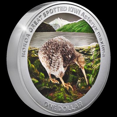 Silbermünze Kiwi 2024 1 oz Neuseeland 1 NZD 999 Silber Farbe Rowi-Kiwi PP Color