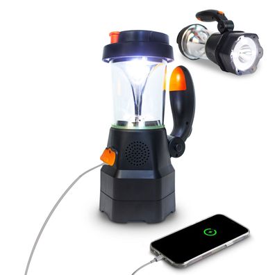 4in1 Laterne Campinglampe LED mit Batterie/ Akku, aufladbar mit Handkurbel & USB
