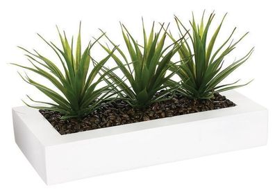Kunstblume 3 Aloe Veras im Holz weiß Topf Steine Modern Dekotopf Kunstpflanze Deko
