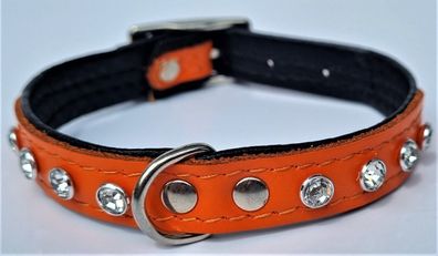 Hundehalsband - Halsband, Halsumfang 21-27, cm, Leder + Kristallen ORANGE