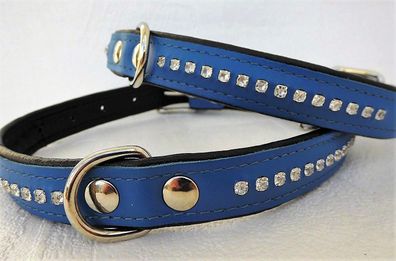 Hunde Halsband, Halsumfang 40-50cm/25mm, LEDER + Strass, BLAU (PL.18-02-3-76)