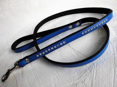 HUNDE LEINE - Echt LEDER + Strass, 130cm/16mm, Dunkel BLAU - Hunde bis ca 25 Kg