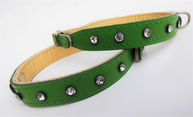 Hundehalsband - Halsband, Leder + Kristallen, Halsumfang 29,5-34 cm , Grün -2
