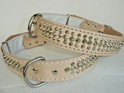LEDER Halsband - Hundehalsband, NIETEN NATUR Halsumfang 42-56cm, NEU (8-10-7-14) -2