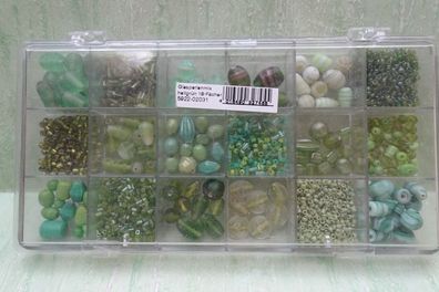 Glasperlenmix grün & Sortierbox mind. 25erlei Perlensorten
