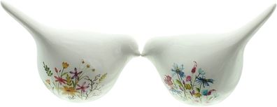 Vogel "Blumenwiese", 2er Set aus Porzellan, creme-weiß glänzend, Deko-Figur, Frühling