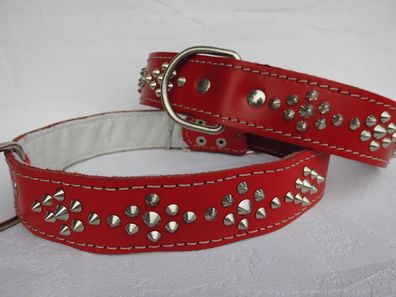 LEDER Halsband - Hundehalsband, Halsumfang 51-65cm/40mm mit NIETEN + Rot -3