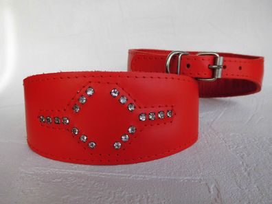 Windhund - Halsband, Zirkonia, Halsumfang 46-54 cm, Echt Leder + Rot,