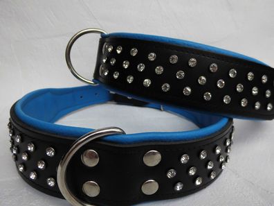 Halsband - Hundehalsband, LEDER + Kristallen Halsumfang 62-73cm, Schwarz-BLAU