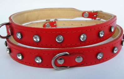 Hundehalsband - Halsband, Halsumfang 29-33cm, Leder + Kristallen+ ROT
