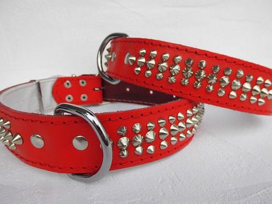 LEDER Halsband - Hundehalsband, NIETEN ROT, Halsumfang 40-46cm, NEU (PL. 685)