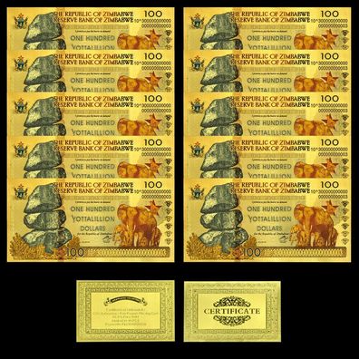 5 Stück/ One Hundert Yottalillion/ Dollar/ vergoldet/ Zimbabwe Souvenier/(GF1/24/27)