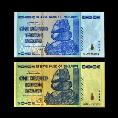 2 Stück Zimbabwe/ Simbabwe/100 Trillion Dollars/ Goldene / Silber Banknote(GF1/24/33)