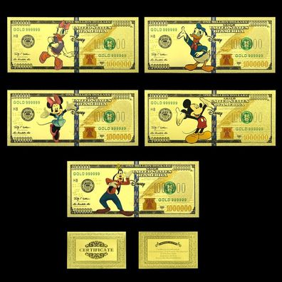 Schöner 5er Set Zeichentrick Mickey und Freunde Goldfolie Banknote (MF1/24/02)