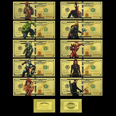 10er Set Superhelden Marvel vergoldete Banknoten (SB1/24/03)