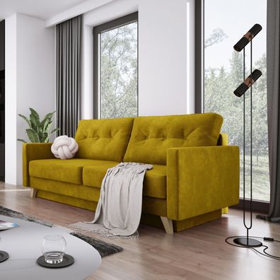 Sofa mit Schlaffunktion BERGEN, Wohnzimmersofa, 3-Sitzer Sofa, Couch - Gelb RA48