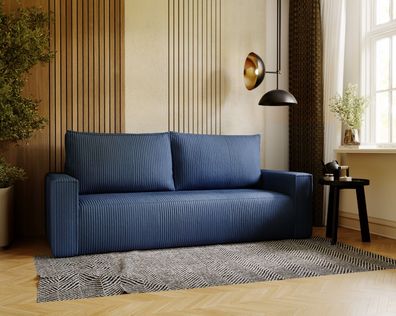 Sofa Cortina, Wohnzimmersofa, Cord Sofa mit Schlaffunktion und Kissen - Blau PS05