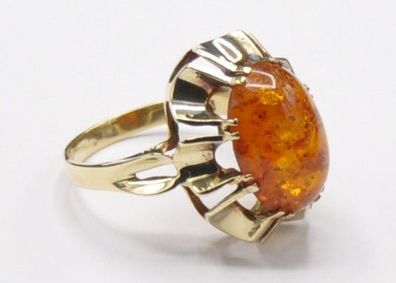 Bernstein Amber Solitär Siegel Ring 585 Gold Vintage Neu wertig