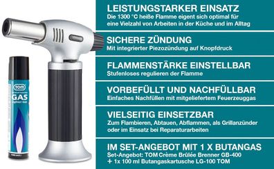 Creme Brulee Brenner inkl. 1 x 100 ml Gas Kartusche Bunsenbrenner Küchenbrenner Küche
