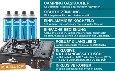 Adventure Gas Campingkocher Set mit 4 x Butangas Kartusche Gaskochfeld