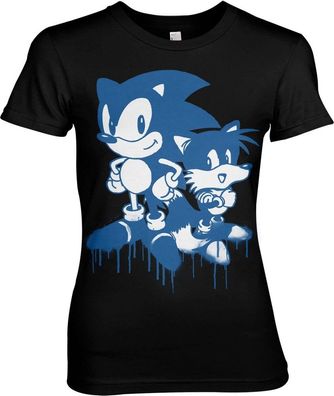 Sonic The Hedgehog Sonic and Tails Sprayed Girly Tee Damen T-Shirt Black