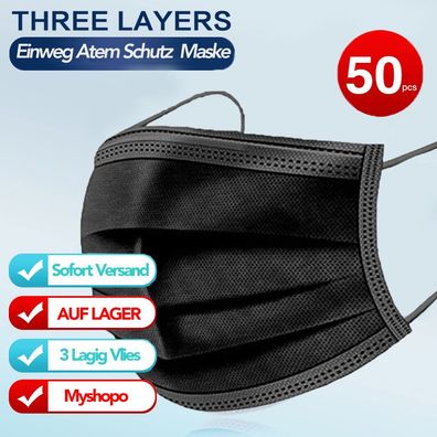 50x Schwarze Masken Einwegmaske Einweg Maske Mund Nasen Schutz Alltagsmaske DE
