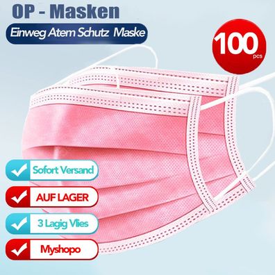 100 Stück Atemschutz-Masken Mundschutz-Masken 3 Lagig Einwegmaske OP-Maske ROSA