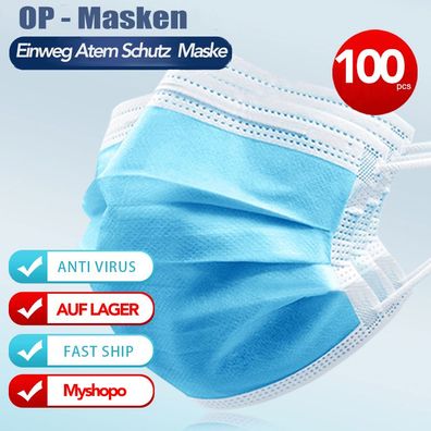 100x OP-Masken Mund Nasen Schutz 3-lagig Hygienemaske Einwegmaske Maske Blau