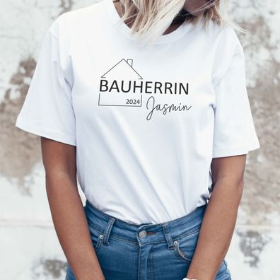T-Shirt Bauherrin | Damen Shirt mit Jahreszahl und Namen | Geschenk zum Richtfest